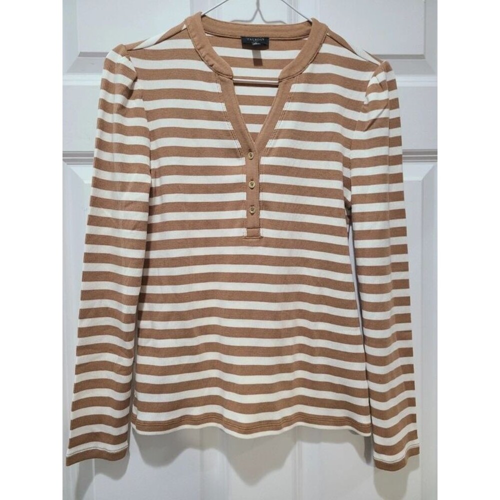 Talbots Tan & Cream Striped Ribbed Henley SP